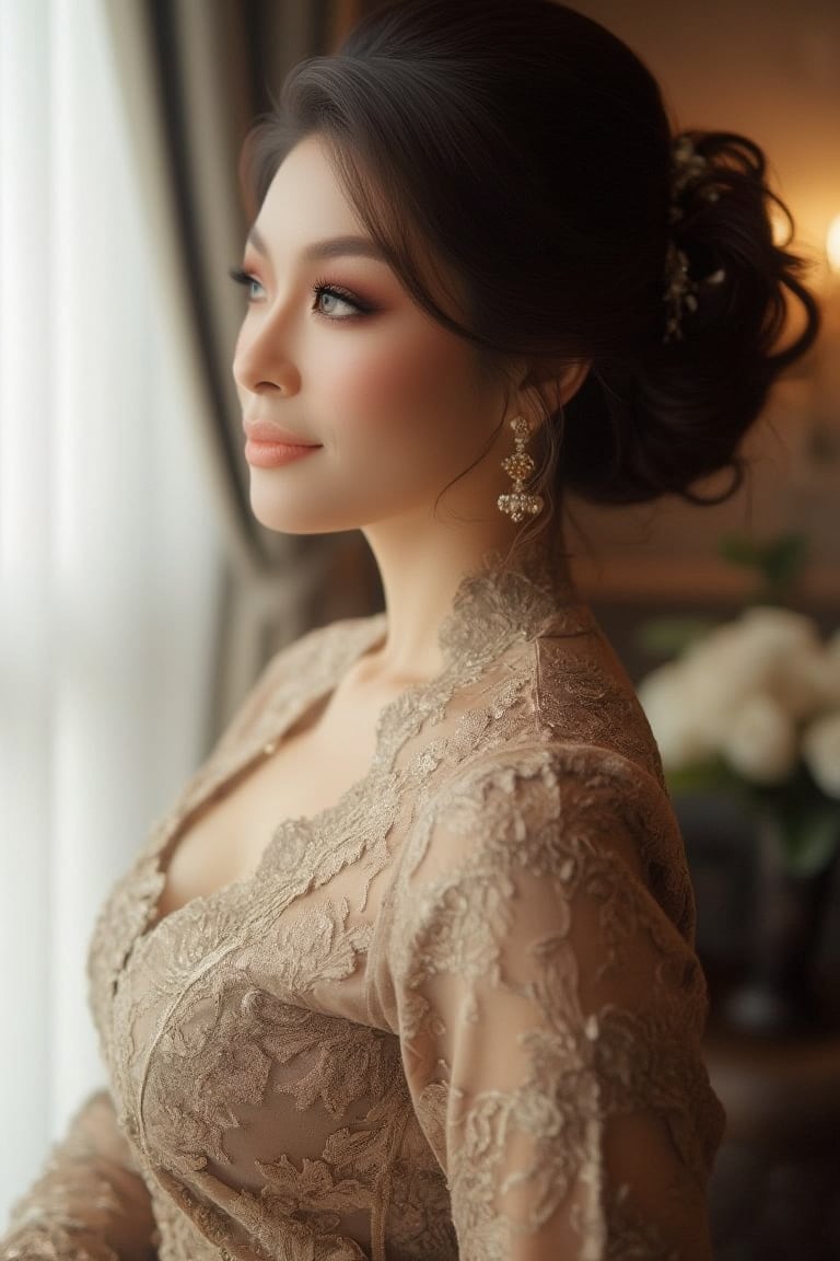 A majestic profile portrait: a stunning woman stands serenely near a window, bathed in soft, natural light that accentuates her features. Her loose updo showcases delicate tendrils framing her face, as she wears a lace dress with intricate details, exuding timeless beauty.