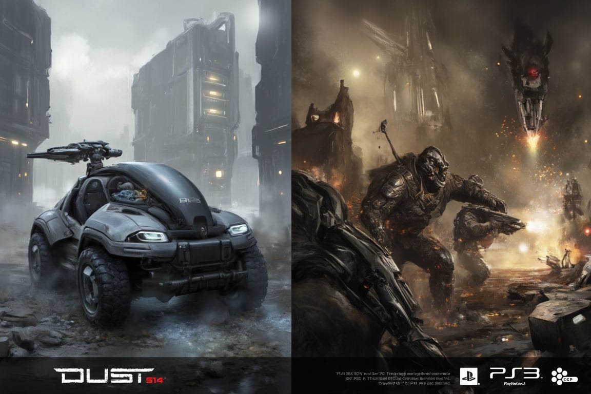 FuturisticWarrior style,, The image is a digital illustration of a futuristic (((minmatar HAV))) on the left, demolish building on the right. The word "DUST514" is written in bold white letters at the bottom of the illustration.