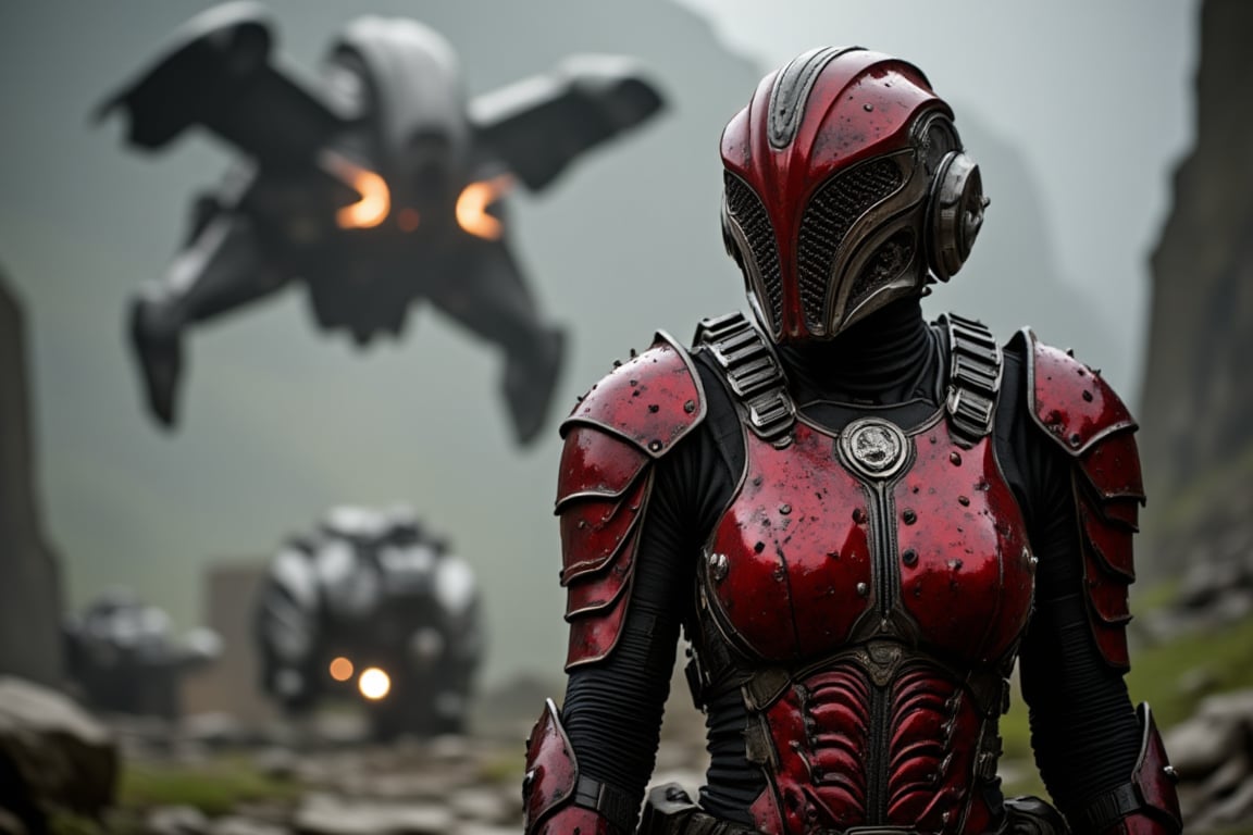 FuturisticWarrior style,,This image portrays (((amarr haevy))), heavily armored in a high-tech, metallic exosuit. (((gallente dropship ))) in the background