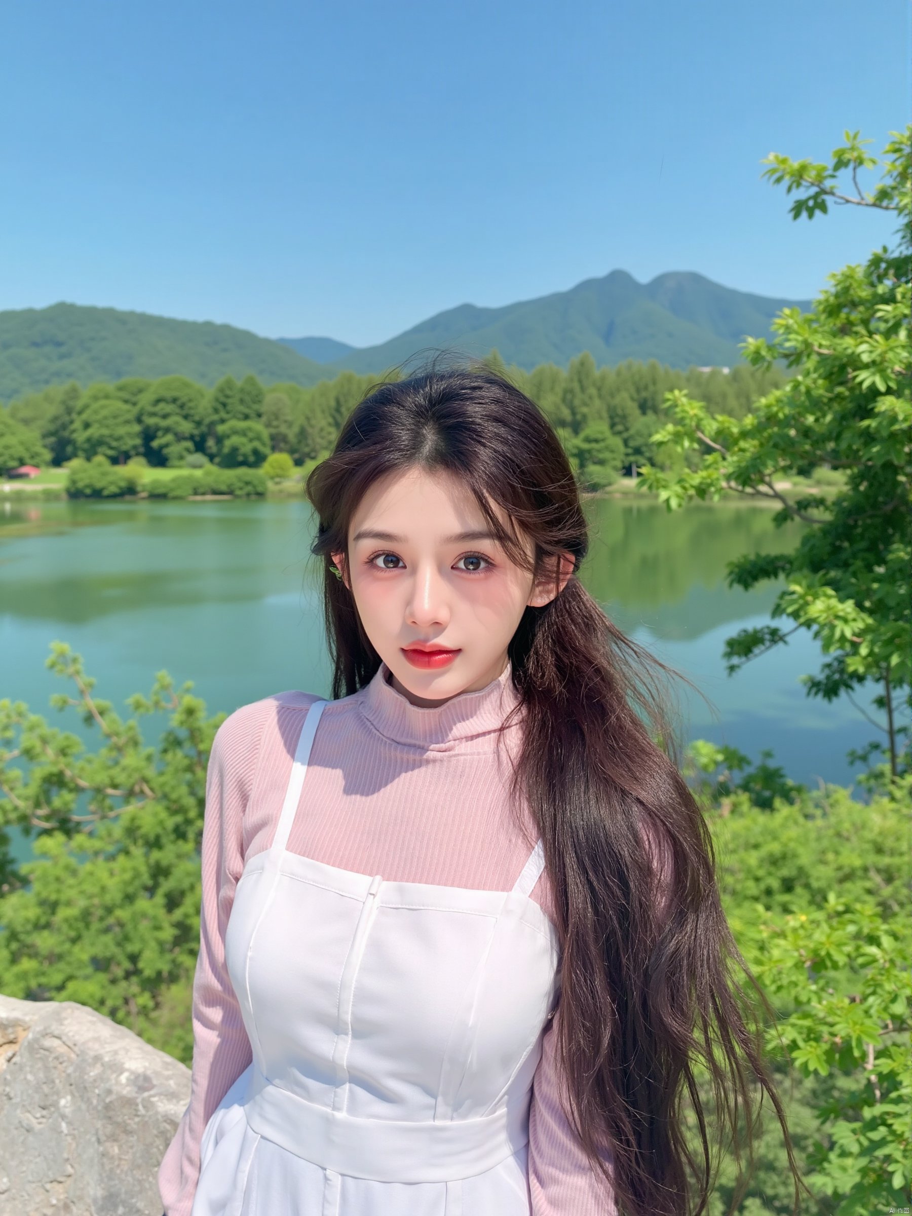 Captured at eye-level on a mobile camera, a young Asian woman with long dark brown hair stands in front of a backdrop of lush green foliage and a body of water. She is wearing a white dress with a pink and white striped shirt over it. Her hair is pulled back in a ponytail, adding a touch of texture to her face. Her eyes are a piercing blue, and her lips are a darker shade of brown. The backdrop is a clear blue sky, and a mountain range can be seen in the distance.