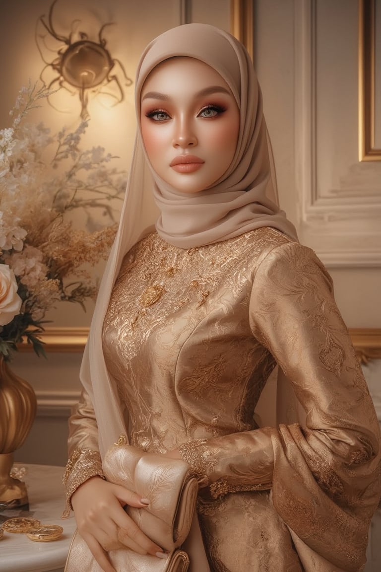 In this sumptuous portrait, a hijab woman stands regally at a resplendent table, enveloped by opulence's grandeur. Her majestic baju kurung melaya, in light brown and gold hues, wraps her majestically, while the shoulder veil drapes elegantly over one shoulder. She confidently grasps a purse and bouquet, exuding sophistication amidst soft pastel tones. Flawless skin and striking makeup are rendered in photorealistic detail, framed by ornate gold accents that radiate warmth from her stunning attire, against a backdrop of luxurious fabrics and delicate patterns.