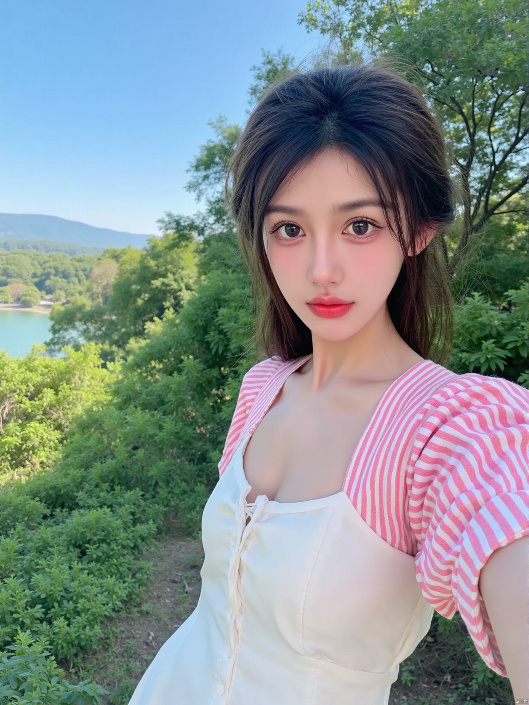 Captured at eye-level on a mobile camera, a young Asian woman with long dark brown hair stands in front of a backdrop of lush green foliage and a body of water. She is wearing a white dress with a pink and white striped shirt over it. Her hair is pulled back in a ponytail, adding a touch of texture to her face. Her eyes are a piercing blue, and her lips are a darker shade of brown. The backdrop is a clear blue sky, and a mountain range can be seen in the distance.