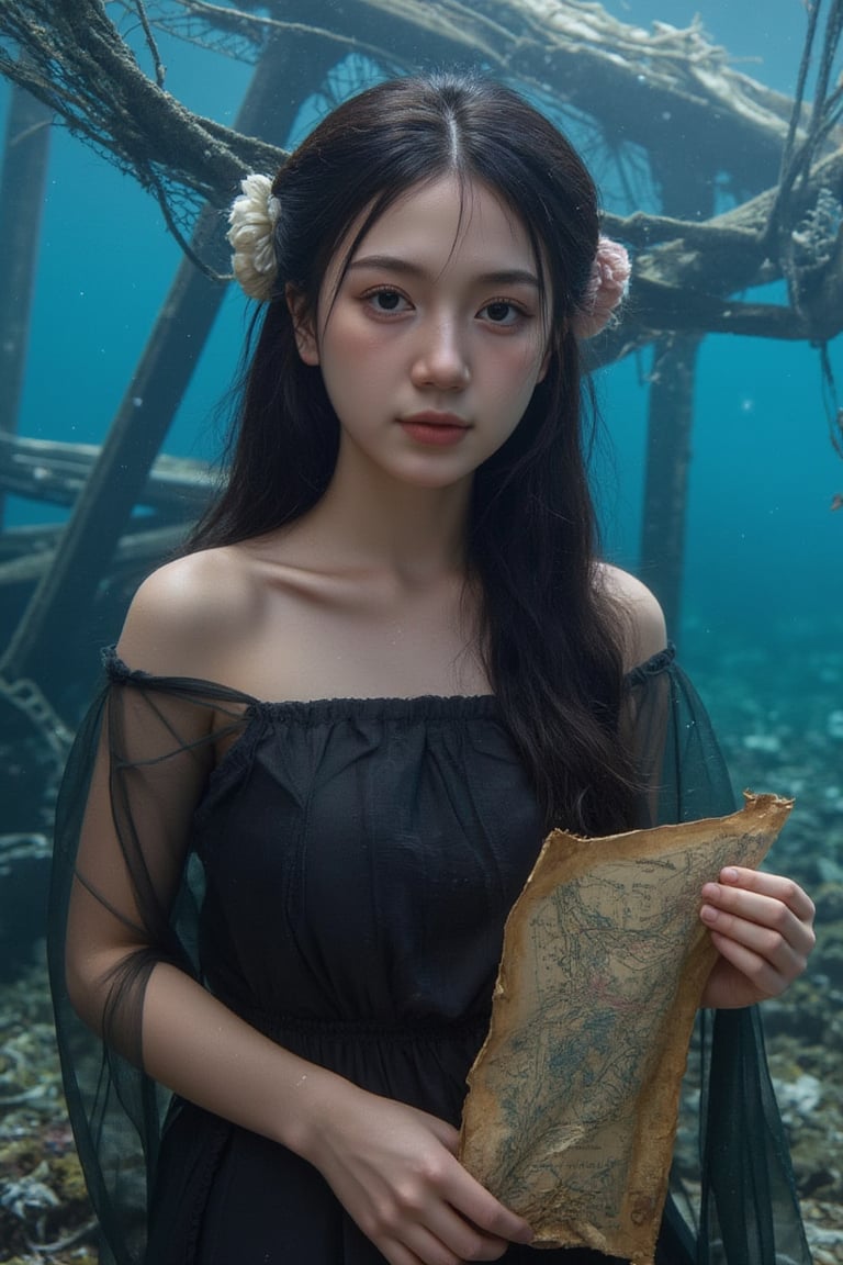 Imagine an aged girl with a warm, radiant smile, her skin weathered by the sun, and piercing blue eyes. Her face is partially obscured by a tangled web of fishing nets, adding an air of mystery. In the background lies an ancient shipwreck, its remnants casting long shadows over a vibrant underwater world teeming with colorful coral reefs. The girl's expression is one of serene acceptance, and in her hand, she holds a well-worn map, its creases a testament to a life of adventure and exploration. Celestial patterns, swirling constellations, dance around her like fireflies, blending seamlessly with the marine scene and creating an ethereal atmosphere. Her silhouette, softened by the cosmic dance, conveys a sense of timelessness and wonder, as her story becomes intertwined with the universe's tapestry, beneath the waves and among the stars.