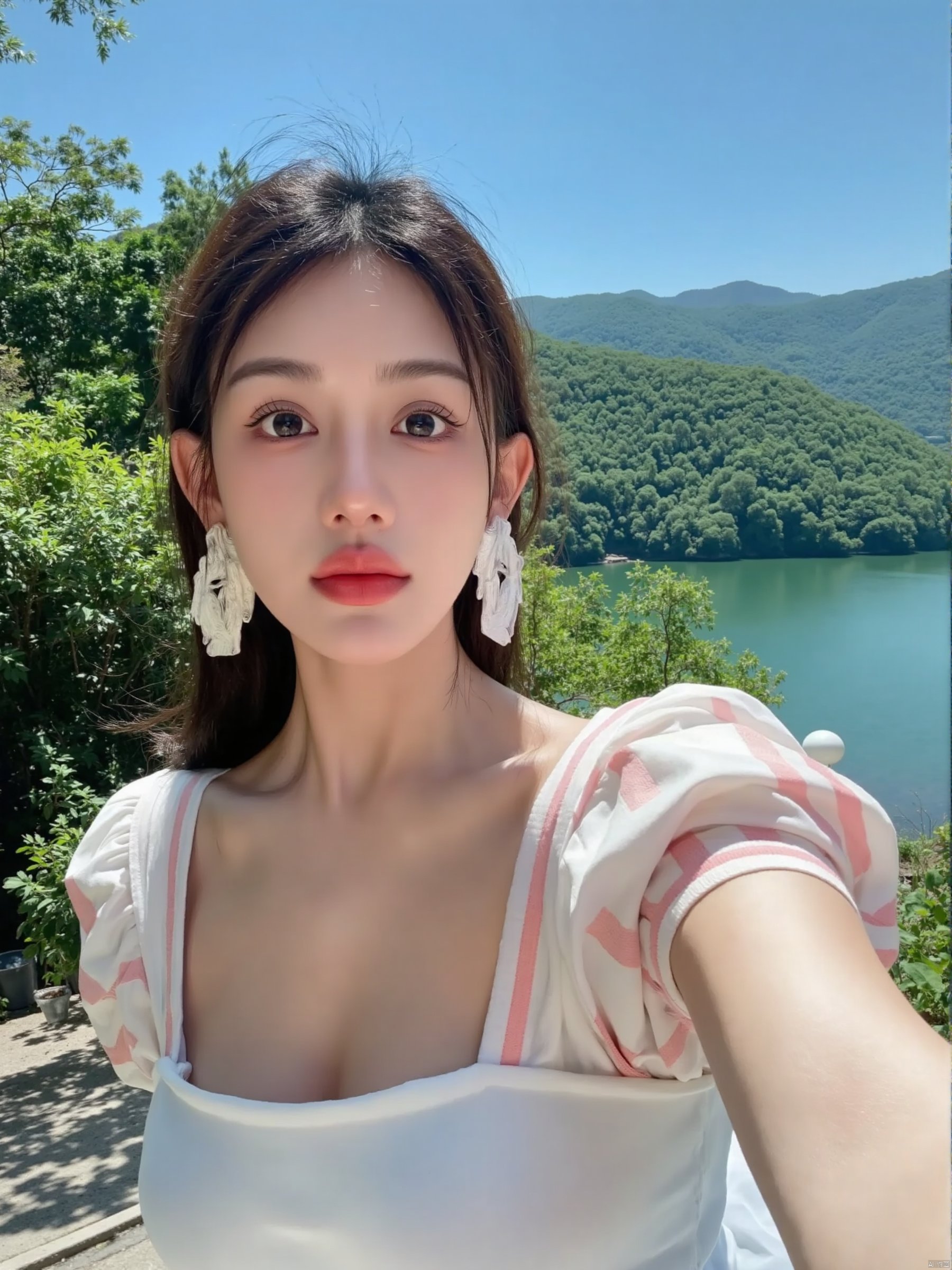 Captured at eye-level on a mobile camera, a young Asian woman with long dark brown hair stands in front of a backdrop of lush green foliage and a body of water. She is wearing a white dress with a pink and white striped shirt over it. Her hair is pulled back in a ponytail, adding a touch of texture to her face. Her eyes are a piercing blue, and her lips are a darker shade of brown. The backdrop is a clear blue sky, and a mountain range can be seen in the distance.