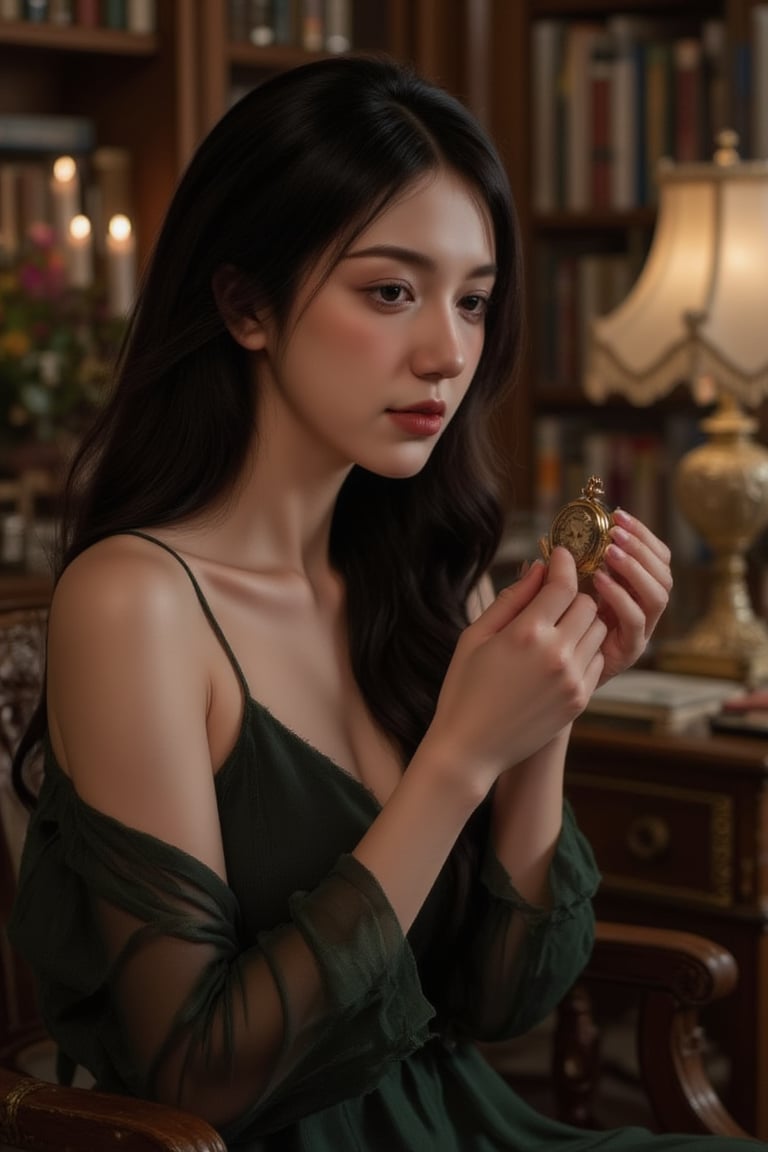 A young woman with an olive-toned complexion and dark brown hair, styled in loose, effortless waves, sits in a grand, dimly lit library surrounded by shelves of old leather-bound books and flickering candles. Her eyes, a deep shade of brown, are cast downward, gazing at a delicate, antique pocket watch in her hand, as if lost in thought. The soft, warm glow of a nearby reading lamp casts a golden light upon her profile, while the shadows dance across her face, accentuating the subtle curves of her features. Her expression is contemplative, with a hint of sadness and longing. The atmosphere is nostalgic, with a sense of timelessness, reminiscent of the cinematic style of Terrence Malick. The lighting is warm and intimate, with a mix of softbox and sidelight, creating a sense of depth and dimension. The color palette is muted, with a focus on earthy tones, and a slight blue undertone, giving the image a sense of melancholy. The film grain is subtle, with a slight texture that adds to the organic feel of the image, while the color grading is subtle, with a slight desaturation of the colors, giving the image a sense of timelessness.