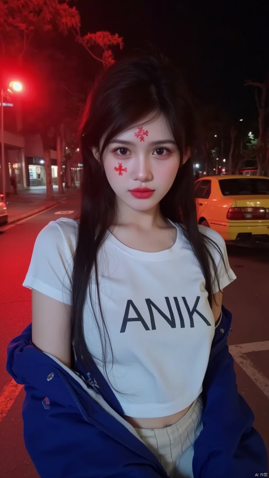 YAOHUASHANG,
Captured at eye-level a close-up shot captures a young Asian woman with long dark hair wearing a white t-shirt with the word "ANIK" written on the front in black letters. She is wearing a blue jacket with a white stripe down the left side of the jacket. The woman's face is covered in red paint adding a pop of color to her outfit. The backdrop is a city street at night with a yellow car parked on the right side. The street is illuminated by a red light creating a vibrant contrast to the woman's outfit.,