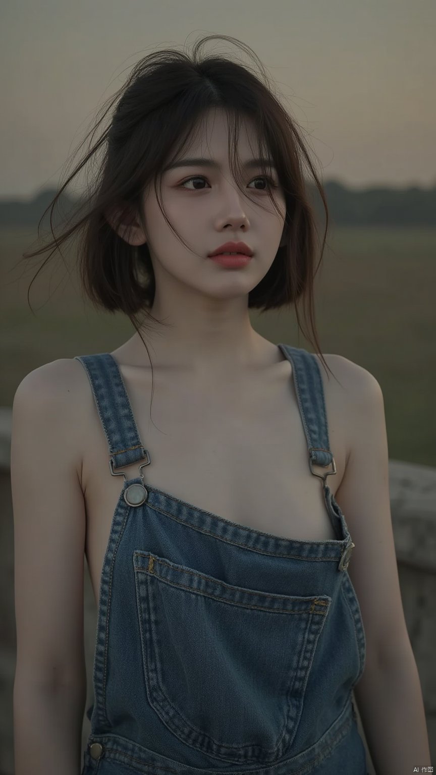 A portrait of a young woman standing in the center,looking off-camera. She has short,flowing hair,which is gently blowing in a soft breeze,giving a sense of vulnerability and isolation. Her expression is melancholic,her gaze distant,reflecting deep sadness and heartache. She’s dressed in a jeans overall,symbolizing emotional wear and tear.,