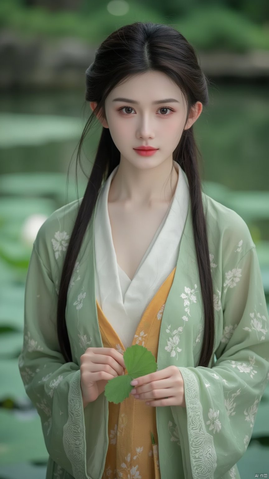 asian girl,This is a high-resolution photograph capturing a serene scene of a young woman in a tranquil outdoor setting.  Her eyes are a piercing blue, and her lips are a deep red,dressed in an orange and white lining dress.The coat she was wearing was a green silk hanfu of tang style draped over her shoulders,adorned with delicate intricate  white flowers embroidery. The fabric appears ethereal and light. Her  right hand holds a lotus leaves. The backdrop is blurred, creating a sense of depth and composition.The background features a serene pond with  green lotus leaves. Lush green lotus leaves are visible around the edges of the pond,adding to the peaceful ambiance. ight is soft and diffused,casting a gentle glow that highlights the textures of her robe .The image exudes a sense of calm and introspection,with the woman's focused expression and the gentle movements of her hands. The overall aesthetic is one of traditional elegance and natural beauty,capturing the essence of ancient Chinese culture and artistry,