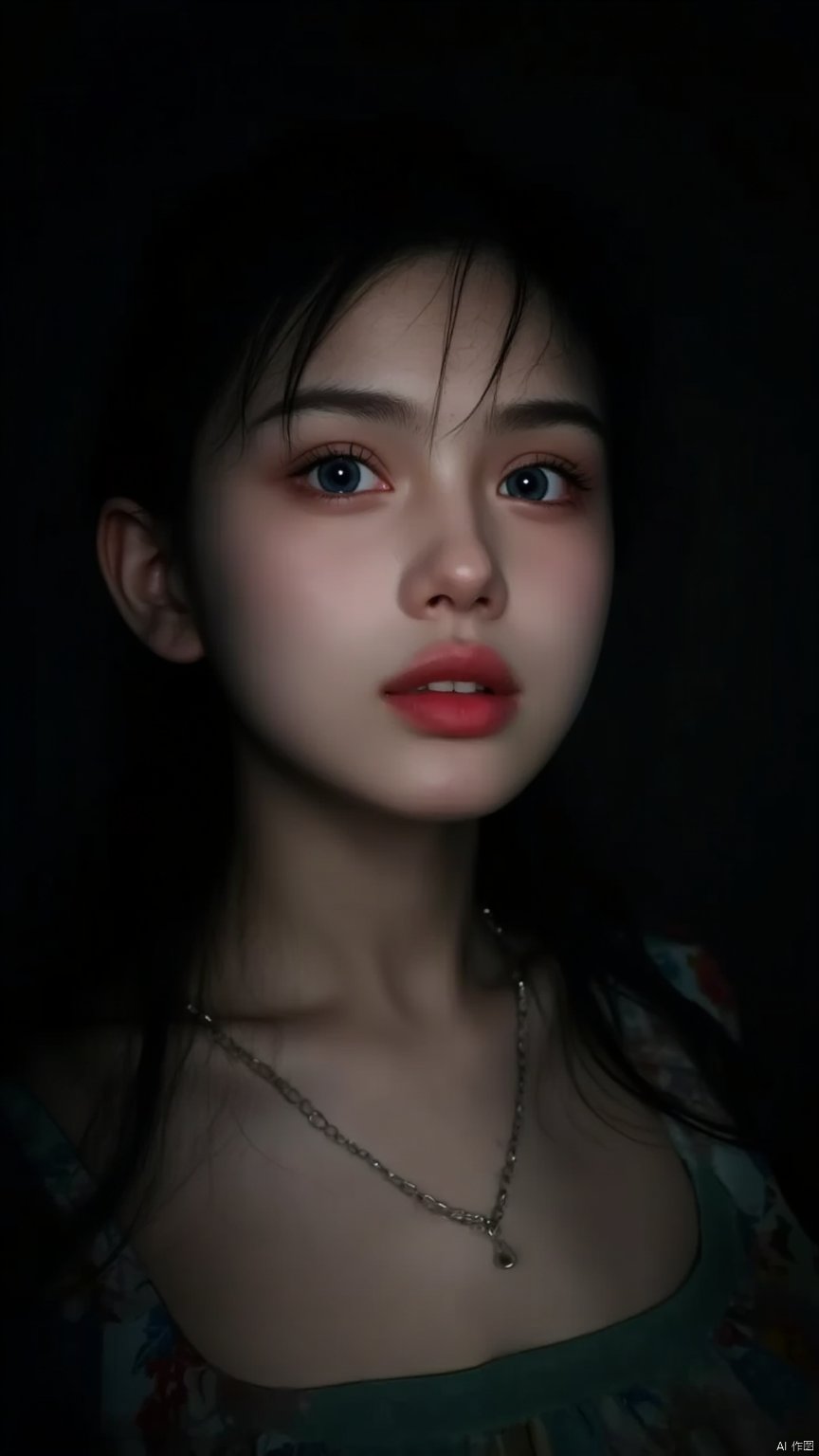 dark,caustics,colorful,gorgeous light and shadow,fullbody,The girl's pale skin,her lips are slightly open to reveal her teeth,and her blue eyes are blurry and dreamy.mott led light and shadow,portrait,black_hair,