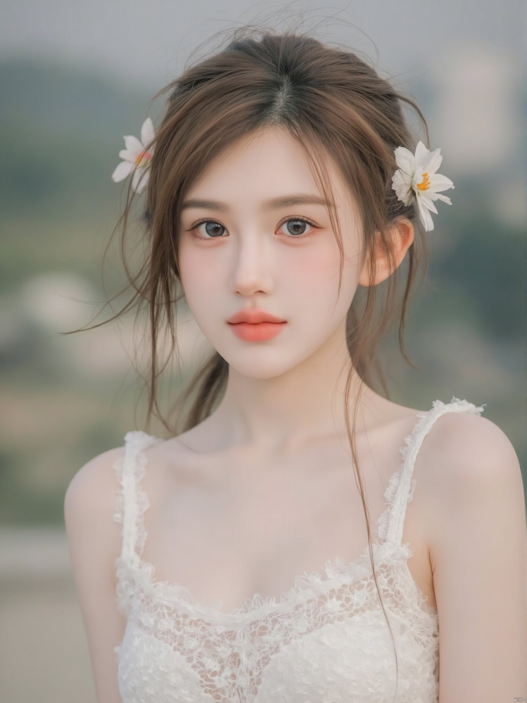 Captured from a close-up, eye-level perspective, a young Asian woman with long brown hair, wearing a white lace sleeveless dress, adorned with a flower in her hair. Her eyes are a piercing blue, and her lips are painted pink. Her hair is pulled back in a ponytail, adding a pop of color to the scene. The backdrop is blurred, suggesting a natural setting.