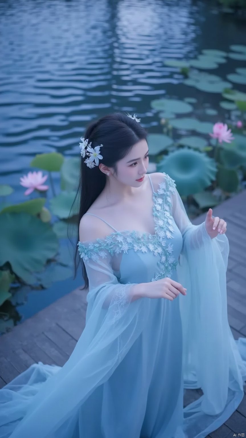 asian girl,This is a high-resolution photograph capturing a serene scene of a young woman in a tranquil outdoor setting. The woman,with fair skin and long,dark hair adorned with delicate white flowers,is dressed in a flowing,pale blue silk robe with intricate embroidery along the sleeves and neckline. The fabric appears ethereal and light.The background features a serene pond with rippling water reflecting the blue and purple hues of the sky,suggesting a twilight or early evening setting. Lush green lily pads and lotus flowers are visible around the edges of the pond,adding to the peaceful ambiance. The light is soft and diffused,casting a gentle glow that highlights the textures of her robe .The image exudes a sense of calm and introspection,with the woman's focused expression and the gentle movements of her hands. The overall aesthetic is one of traditional elegance and natural beauty,capturing the essence of ancient Chinese culture and artistry