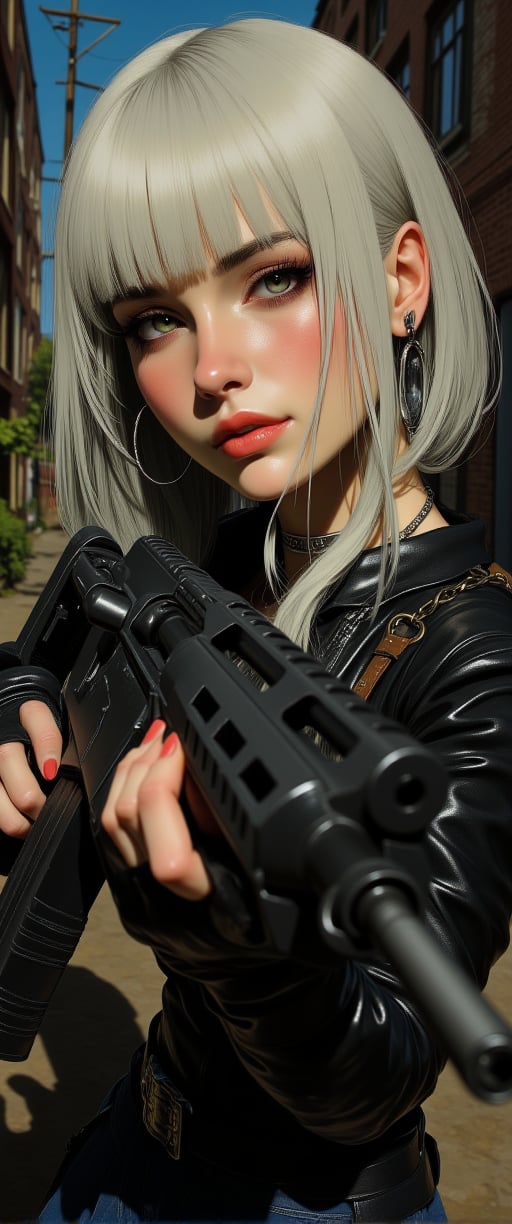 anime image, goth cyberpunk woman, long silver straight-cut hair, bangs, earrings, striking make-up, holding an assault rifle, aiming and ready to fire, cowboy shot, dingy bar, directional lighting,ct-physmstyle,ct-cromstyle,ct-anime55