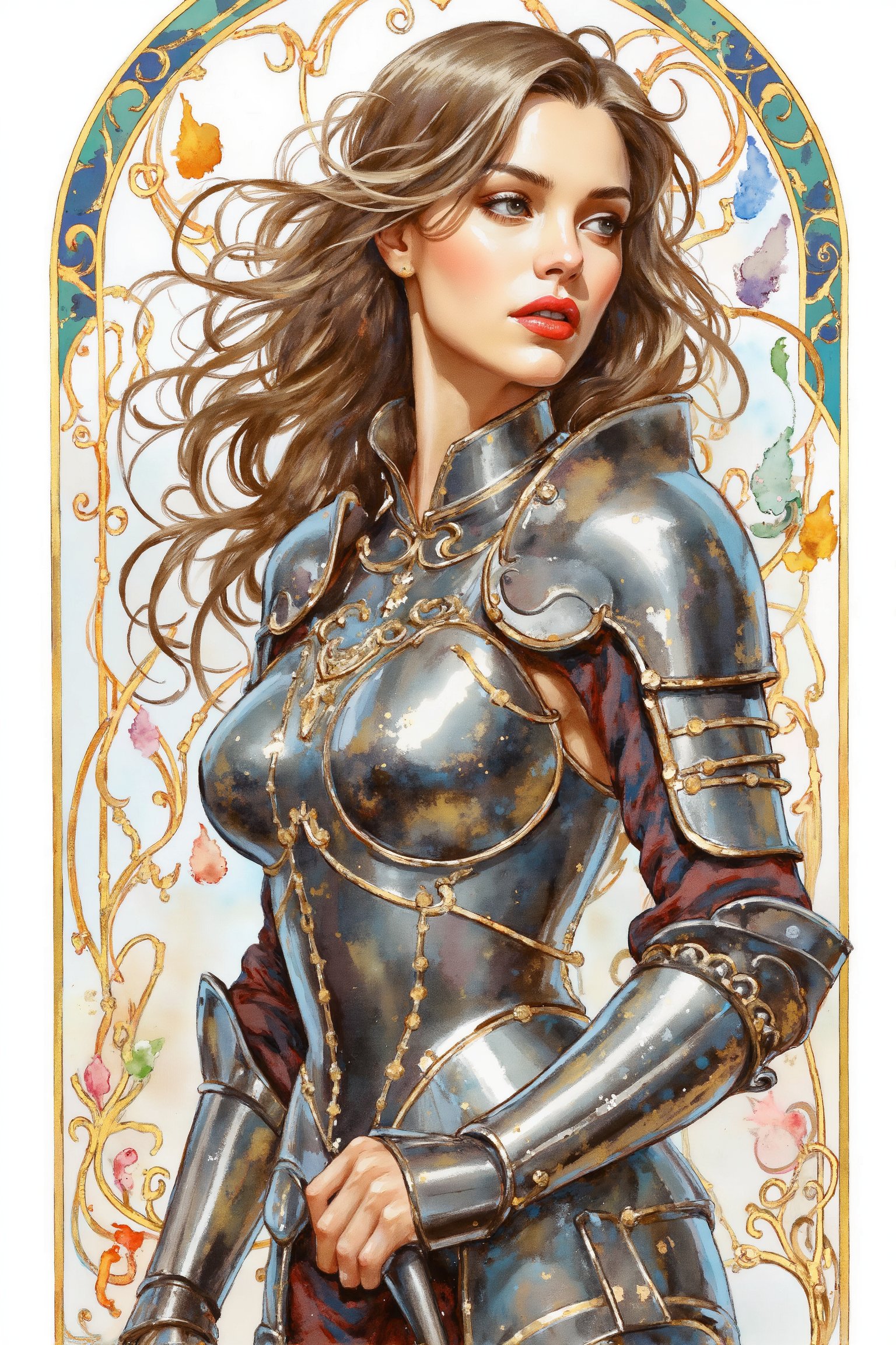 Watercolor style. A striking portrait of a beautiful young warrior woman, wearing intricate yet revealing armor, standing confidently. She is surrounded by delicate, flowing art nouveau style background decorations in vibrant colors, all set against a clean white background. Her expression is fierce yet elegant, with long flowing hair that catches the light, emphasizing her strength and grace. The detailed armor gleams, reflecting soft light, while the art nouveau swirls frame her figure perfectly, adding both a classic and contemporary feel to the image.