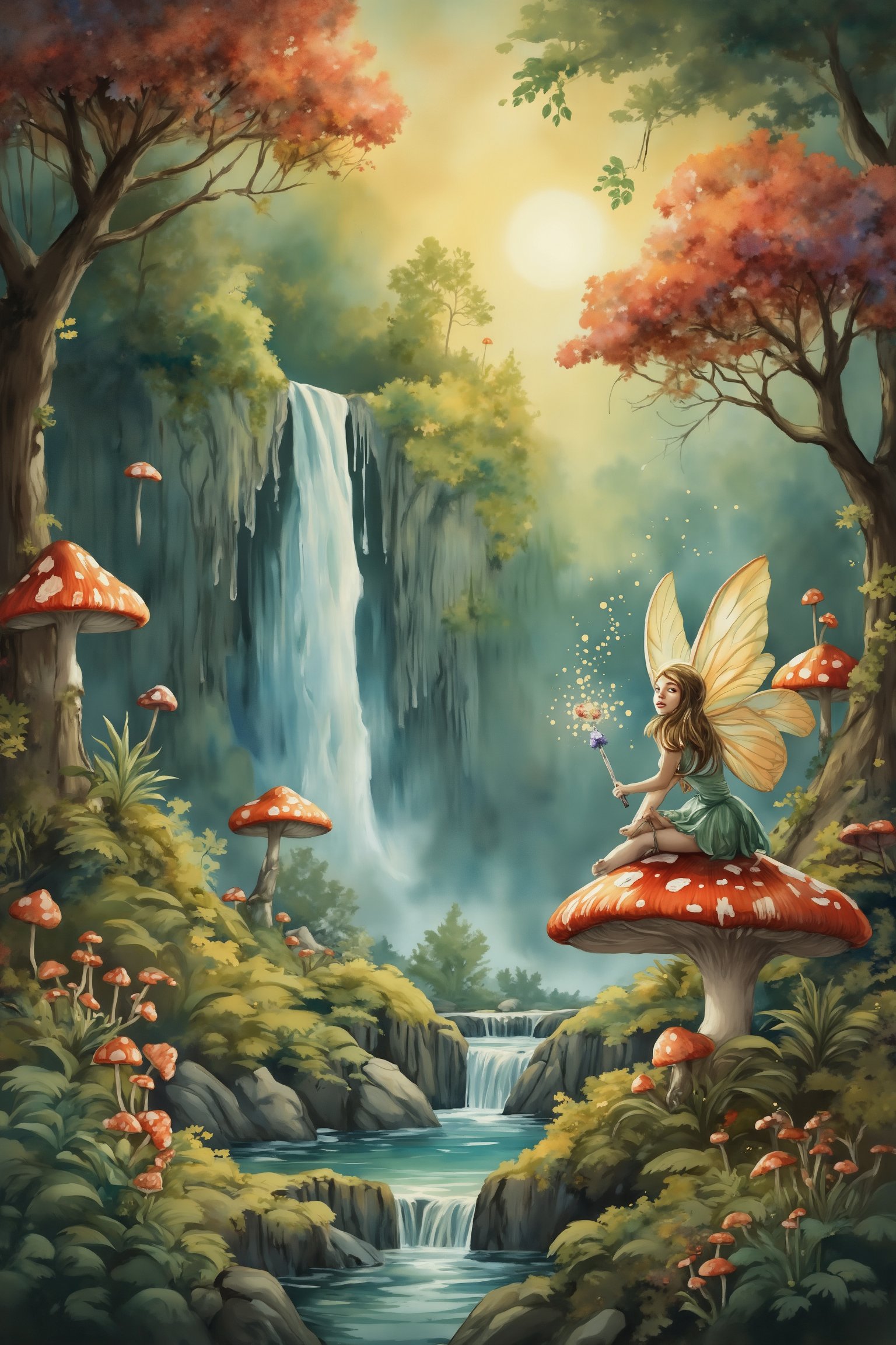 Watercolor style. A fantasy landscape with a dense forest and cascading waterfalls. In the foreground a fairy sits on a big mushroom. Around the fairy magic fairy dust glimmers. The mushroom is red with white spots. Vivid colors.