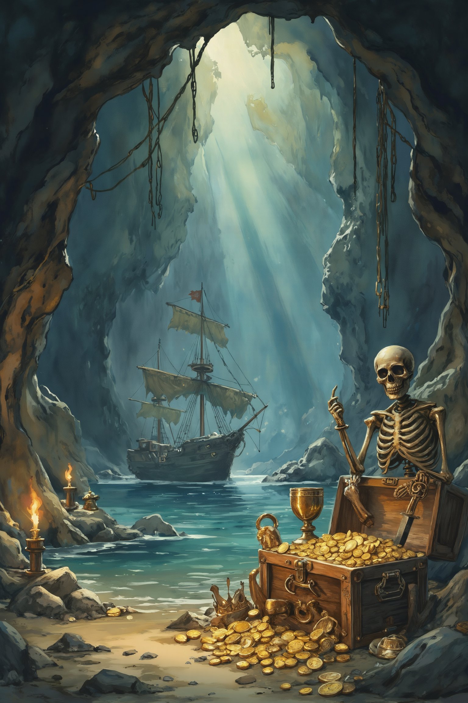 Watercolor style fantasy scene inside a vast, echoing cave. In the foreground, a treasure chest overflows with gold coins, shimmering jewelry, and sparkling gemstones. Scattered around the chest are ancient gold items—goblets, crowns, and intricate swords, reflecting the torchlight. A weathered skeleton of a pirate, dressed in tattered clothing with a rusted cutlass at its side, leans against the chest. In the background, a broken-down pirate ship lies half-submerged in a pool of crystal-clear water, its sails torn and its hull covered in barnacles. Rays of light from a hidden source create an ethereal glow, illuminating the treasure and adding depth to the scene.