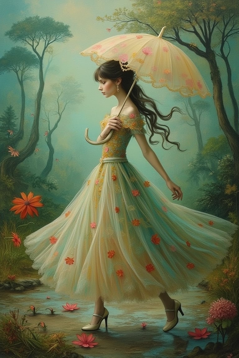 A whimsical scene inspired by Nicoletta Ceccoli and Daria Petrilli, featuring a woman in a flowing, colorful dress, walking gracefully with an umbrella in hand. The composition is framed mid-shot, capturing her elegant pose and the intricate details of her attire. The lighting is soft and dreamlike, casting a gentle glow on her figure. The background is a fantastical, surreal landscape with vibrant colors and whimsical elements.