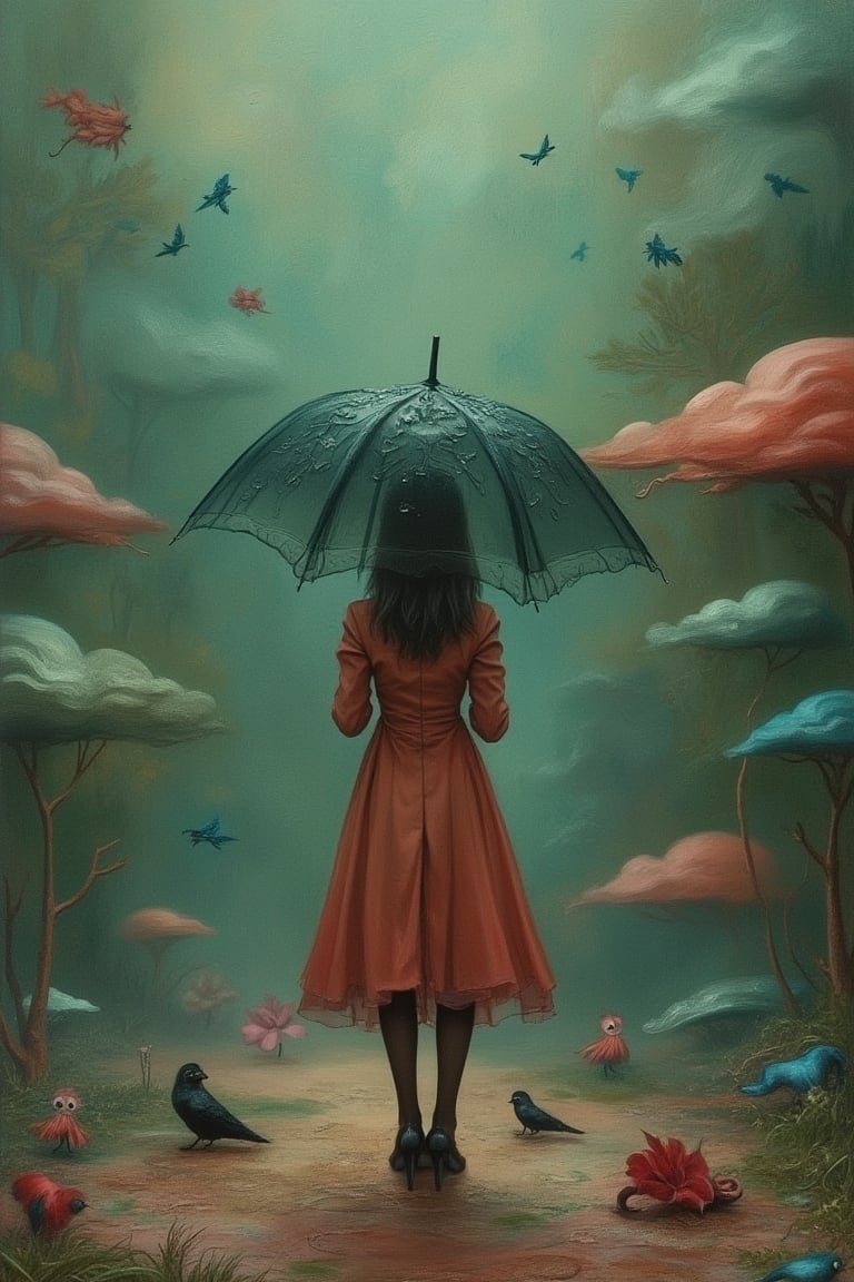 A whimsical scene inspired by Nicoletta Ceccoli and Daria Petrilli, featuring a woman in a raincoat holding an umbrella. The composition is framed mid-shot, capturing her elegant pose and the intricate details of her attire. The lighting is soft and dreamlike, casting a gentle glow on her figure. The background is a fantastical, surreal landscape with vibrant colors and whimsical elements, emphasizing the magical atmosphere.