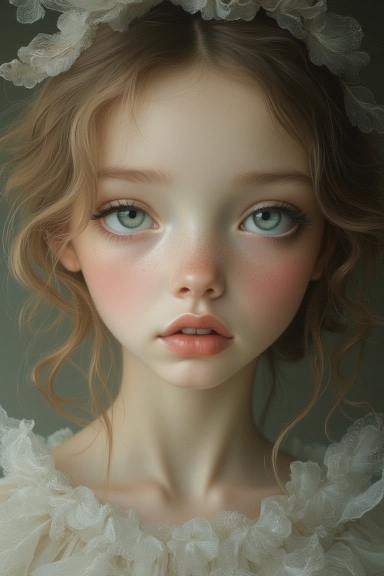 A close-up portrait inspired by Nicoletta Ceccoli and Daria Petrilli, featuring a beauty princess with an ethereal, delicate face. Her expression is serene, with large, expressive eyes and soft, flowing hair. The lighting is soft and diffused, highlighting her delicate features. The composition is centered, capturing the intricate details of her face and the whimsical, fairy-tale-like atmosphere.