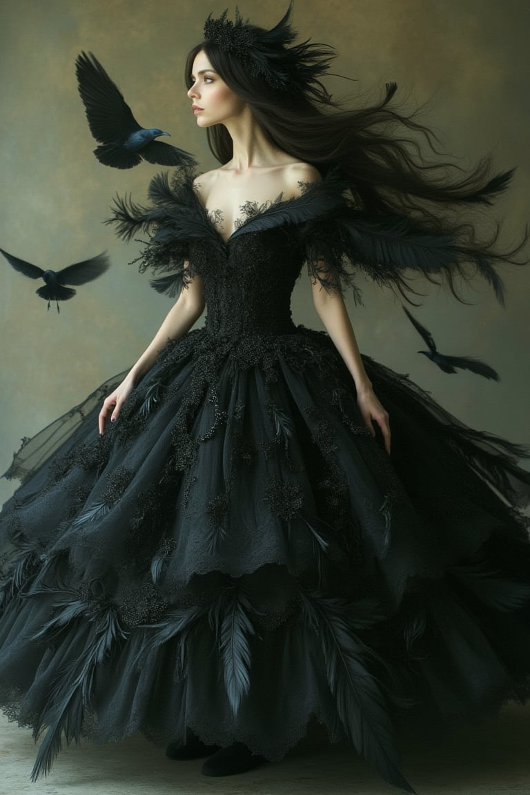 A whimsical scene inspired by Nicoletta Ceccoli and Daria Petrilli, featuring a woman in a full, elaborate dress adorned with raven feathers. She stands gracefully, with a serene expression and flowing hair. The lighting is soft and dreamlike, casting a gentle glow on her figure. The composition is framed mid-shot, capturing the intricate details of her attire and the mystical atmosphere.