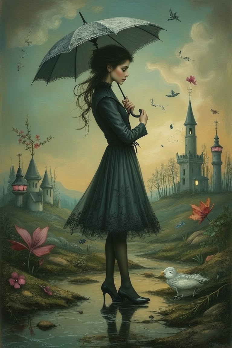 A whimsical scene inspired by Nicoletta Ceccoli and Daria Petrilli, featuring a woman in a raincoat holding an umbrella. The composition is framed mid-shot, capturing her elegant pose and the intricate details of her attire. The lighting is soft and dreamlike, casting a gentle glow on her figure. The background is a fantastical, surreal landscape with vibrant colors and whimsical elements, emphasizing the magical atmosphere.