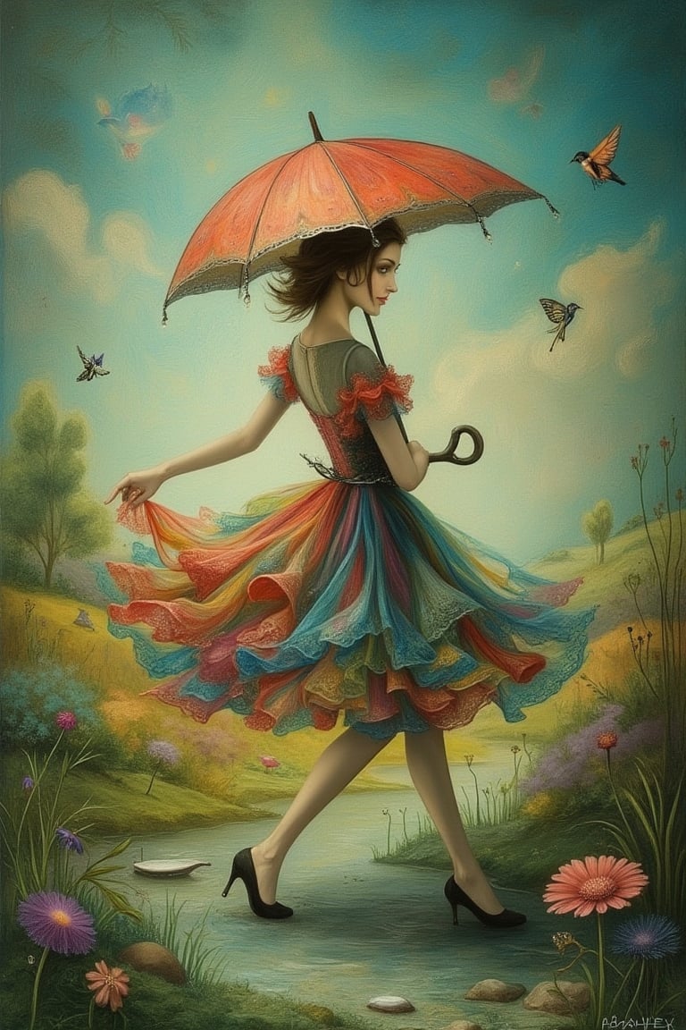 A whimsical scene inspired by Nicoletta Ceccoli and Daria Petrilli, featuring a woman in a flowing, colorful dress, walking gracefully with an umbrella in hand. The composition is framed mid-shot, capturing her elegant pose and the intricate details of her attire. The lighting is soft and dreamlike, casting a gentle glow on her figure. The background is a fantastical, surreal landscape with vibrant colors and whimsical elements.