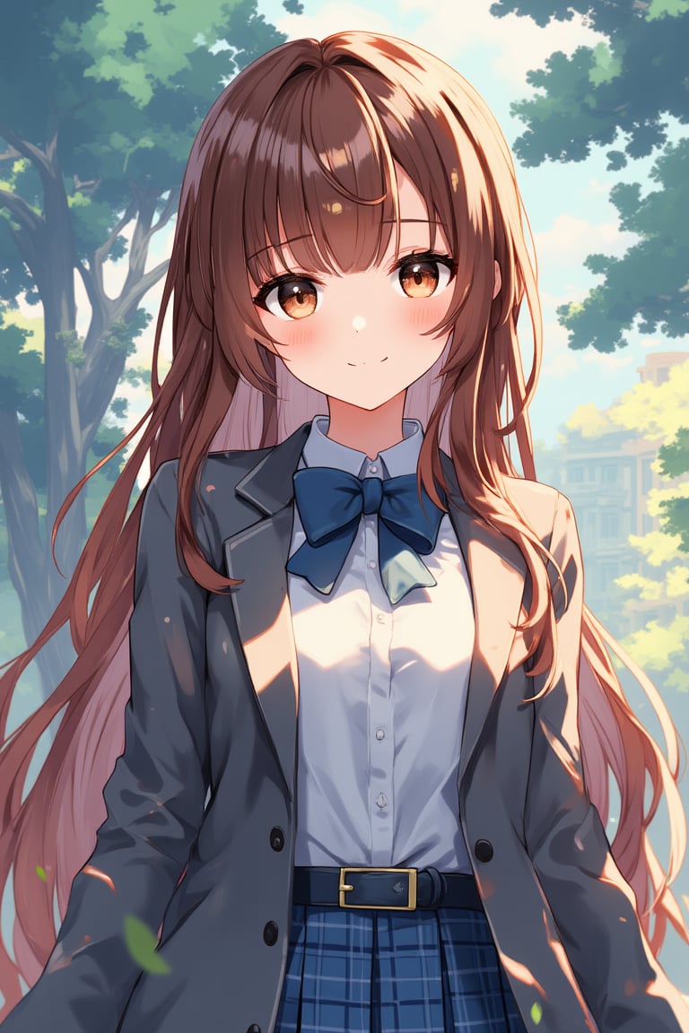 source_anime,(detailed eyes),shouko nishimiya,1girl,cowboy shot,long hair,bangs,brown hair,brown eyes,bowtie,blazer,blue and white plaid pleated skirt,smile,tree,niji,noc-detail