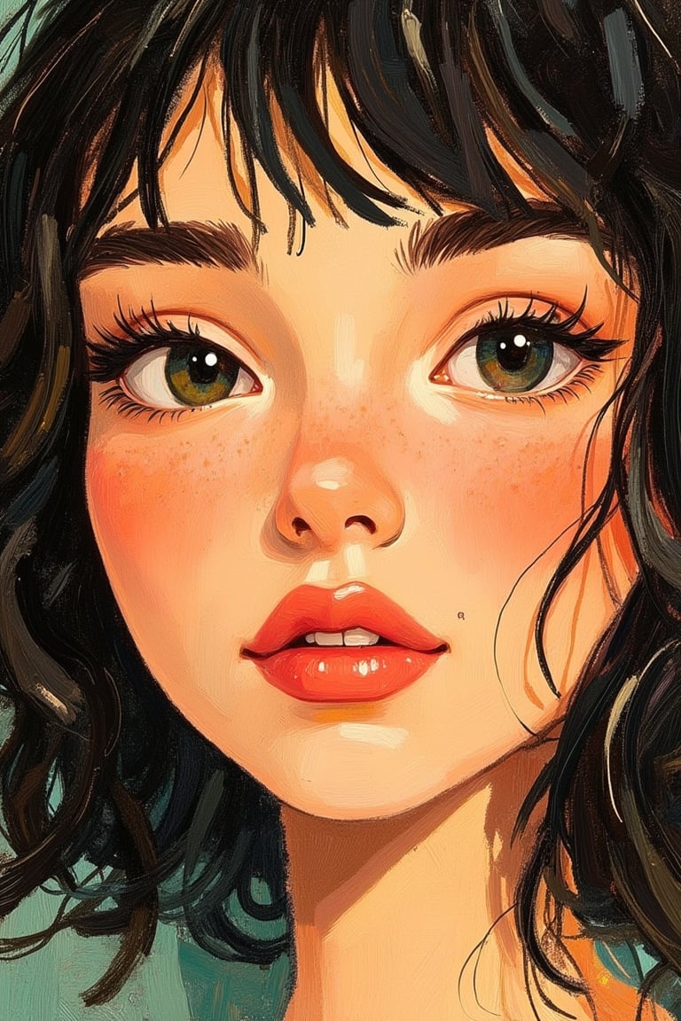 A Tove Jansson-inspired illustration, close-up of a woman's face with black hair, showcasing a cheeky expression and glossy lips. The soft, warm light highlights her playful eyes and the subtle shine on her lips. The composition is intimate, focusing on her expressive face, with her black hair framing her features. The overall tone is whimsical and charming, capturing a moment of youthful mischief.