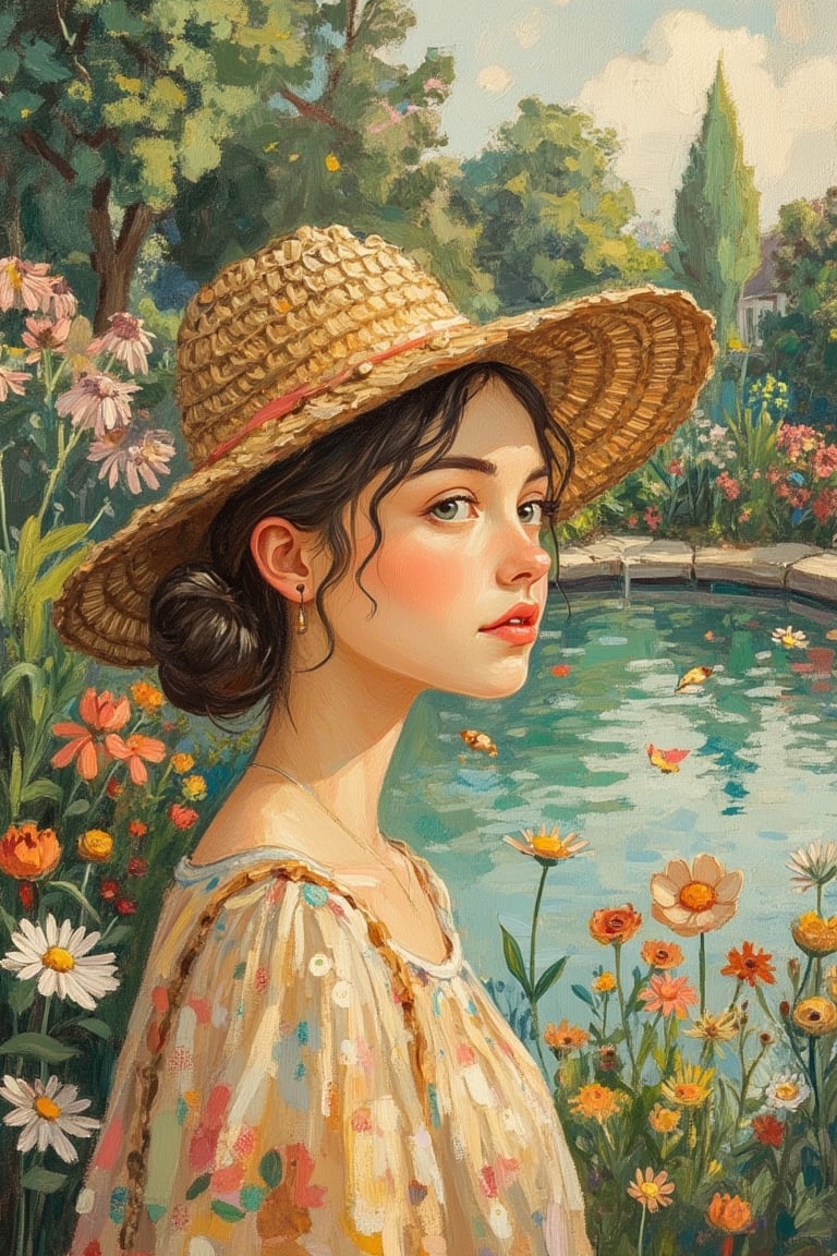 A Tove Jansson-inspired illustration, half medium shot of a woman wearing a hat, standing in a garden by a tranquil lake. The soft, warm light highlights her serene expression and the hat's delicate details. The composition is balanced, with the woman centered, her hat casting a gentle shadow. The background features lush greenery and a reflective lake, creating a harmonious and whimsical atmosphere.