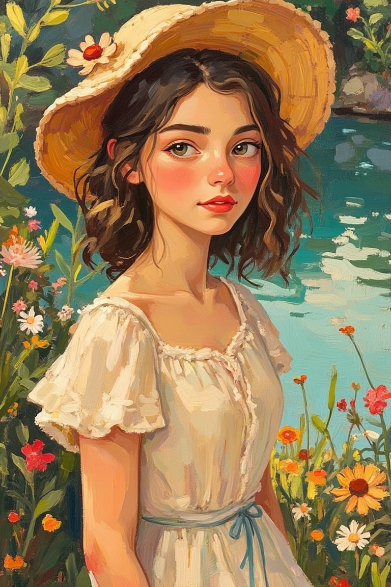 A Tove Jansson-inspired illustration, half medium shot of a woman wearing a hat, standing in a garden by a tranquil lake. The soft, warm light highlights her serene expression and the hat's delicate details. The composition is balanced, with the woman centered, her hat casting a gentle shadow. The background features lush greenery and a reflective lake, creating a harmonious and whimsical atmosphere.