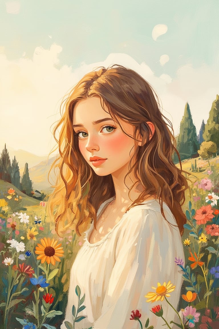 A Tove Jansson-inspired illustration, half medium shot of a woman with wavy hair, standing in a serene landscape. The soft, warm light highlights her gentle expression and flowing hair. The composition is balanced, with the woman centered, her wavy hair cascading down her shoulders. The background features muted, pastel colors, evoking a nostalgic and whimsical atmosphere.