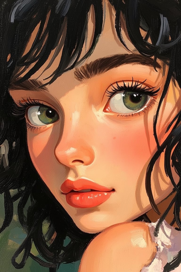 A Tove Jansson-inspired illustration, close-up of a woman's face with black hair, showcasing a cheeky expression and glossy lips. The soft, warm light highlights her playful eyes and the subtle shine on her lips. The composition is intimate, focusing on her expressive face, with her black hair framing her features. The overall tone is whimsical and charming, capturing a moment of youthful mischief.