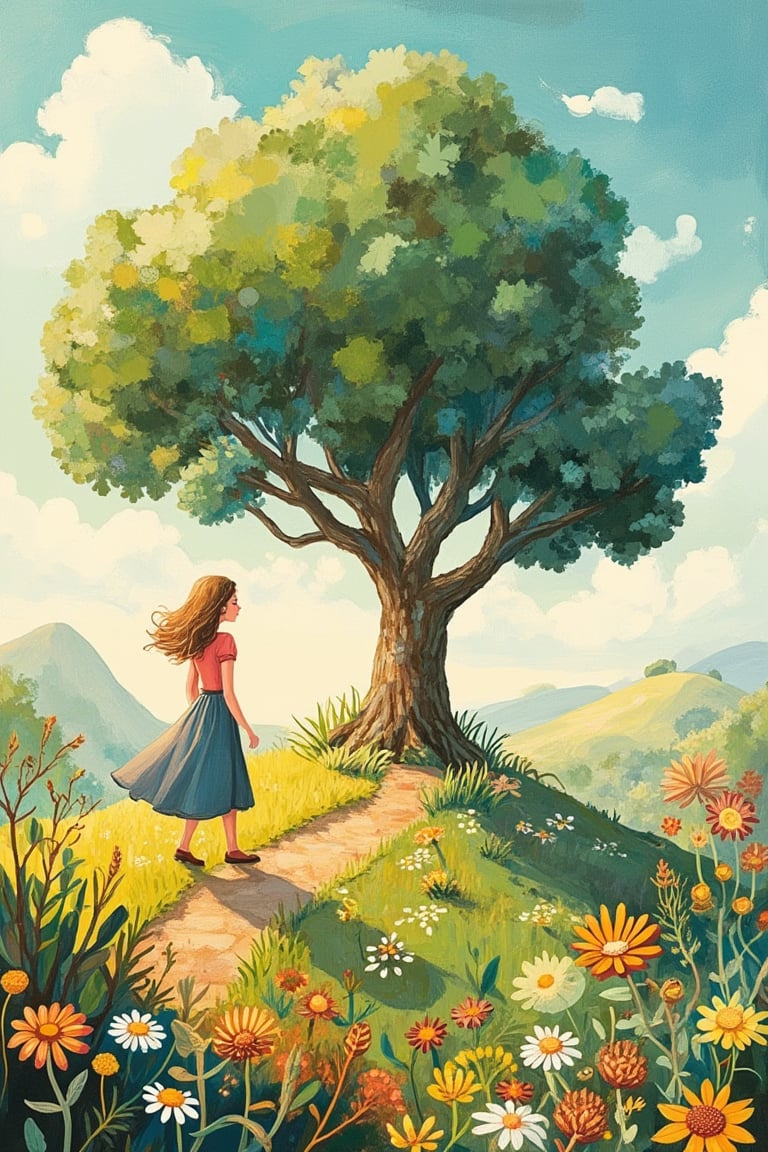 A Tove Jansson-inspired illustration of a woman walking on a grassy hill, with a large, whimsical tree in the background. The scene is framed with a soft, warm light, capturing the serene atmosphere. The woman is depicted in a relaxed pose, her hair flowing gently in the breeze. The composition is balanced, with the tree's branches stretching out to the sides, creating a harmonious and nostalgic feel.