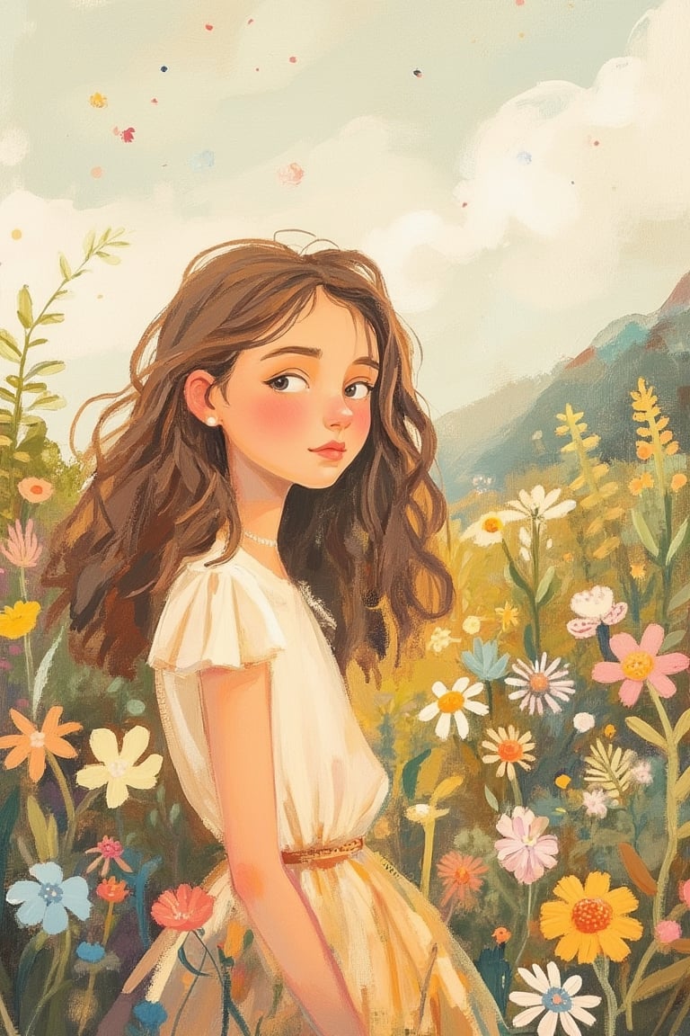 A Tove Jansson-inspired illustration, half medium shot of a woman with wavy hair, standing in a serene landscape. The soft, warm light highlights her gentle expression and flowing hair. The composition is balanced, with the woman centered, her wavy hair cascading down her shoulders. The background features muted, pastel colors, evoking a nostalgic and whimsical atmosphere.