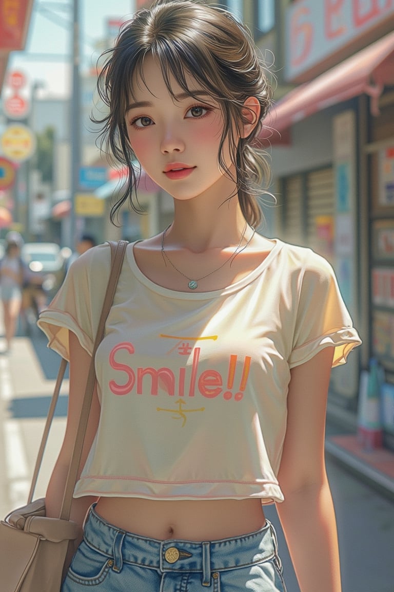 Hyper-realistic anime girl, close-up face, tee shirt with Smile!! written, denims, handbag on hand, soft lighting, centered composition, detailed facial features, warm skin tones, gentle smile, slight blush, serene expression, urban background, pastel color palette, slight breeze in hair, calm atmosphere.