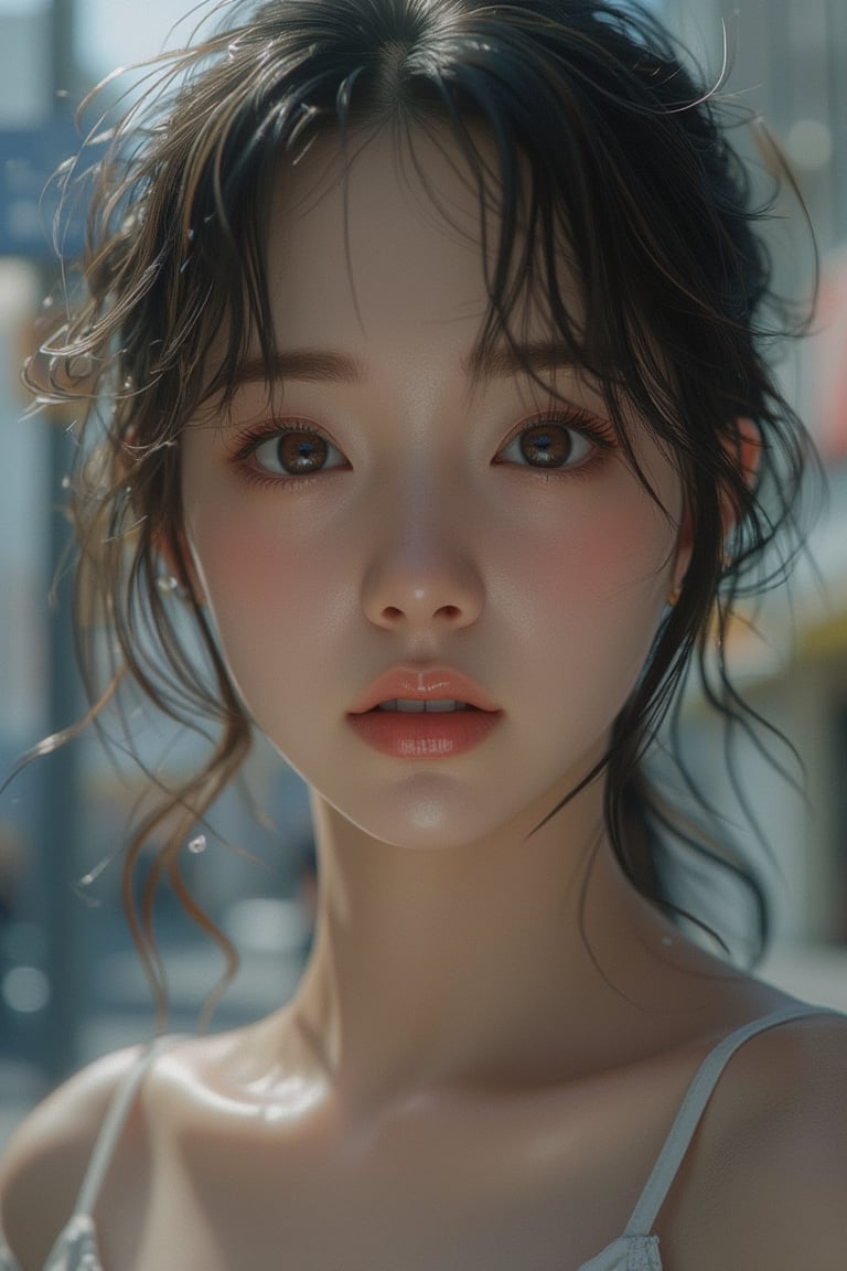 Hyper-realistic anime lady, close-up face shot, dull expression, detailed skin texture, soft lighting, centered composition, subtle shadows, neutral background, calm atmosphere, realistic eyes with slight gloss, parted lips, slight asymmetry in facial features, modern urban setting, muted color palette.