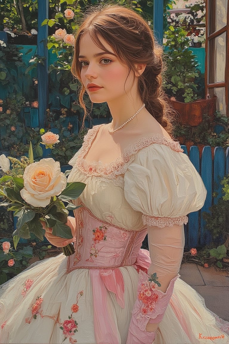 An acrylic gouache painting of a Victorian-era girl, depicted in vibrant, textured brushstrokes. The girl is dressed in a classic Victorian gown, with intricate lace and ruffles. The scene is set in a quaint, old-fashioned garden, with soft, diffused lighting that highlights her delicate features and the detailed embroidery of her dress. The girl is framed mid-shot, her expression serene and contemplative. The composition is balanced, with the garden background gently blurred, drawing focus to her timeless elegance and the rich, textured surface of the painting.,Syazi89,Un4d,MsK