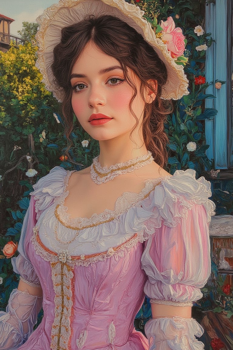 An acrylic gouache painting of a Victorian-era girl, depicted in vibrant, textured brushstrokes. The girl is dressed in a classic Victorian gown, with intricate lace and ruffles. The scene is set in a quaint, old-fashioned garden, with soft, diffused lighting that highlights her delicate features and the detailed embroidery of her dress. The girl is framed mid-shot, her expression serene and contemplative. The composition is balanced, with the garden background gently blurred, drawing focus to her timeless elegance and the rich, textured surface of the painting.,Syazi89,Un4d,MsK