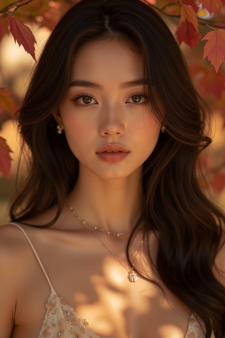 Beautiful soft light, (beautiful and delicate eyes), very detailed, pale skin, (long hair), dreamy, ((front shot)), soft expression, bright smile, art photography, fantasy, jewelry, shyness, soft image, masterpiece , ultra-high resolution, color, very delicate and soft lighting, details, Ultra HD, 8k, highest quality, silhouette of a woman in the fallen leaves, dual screen,