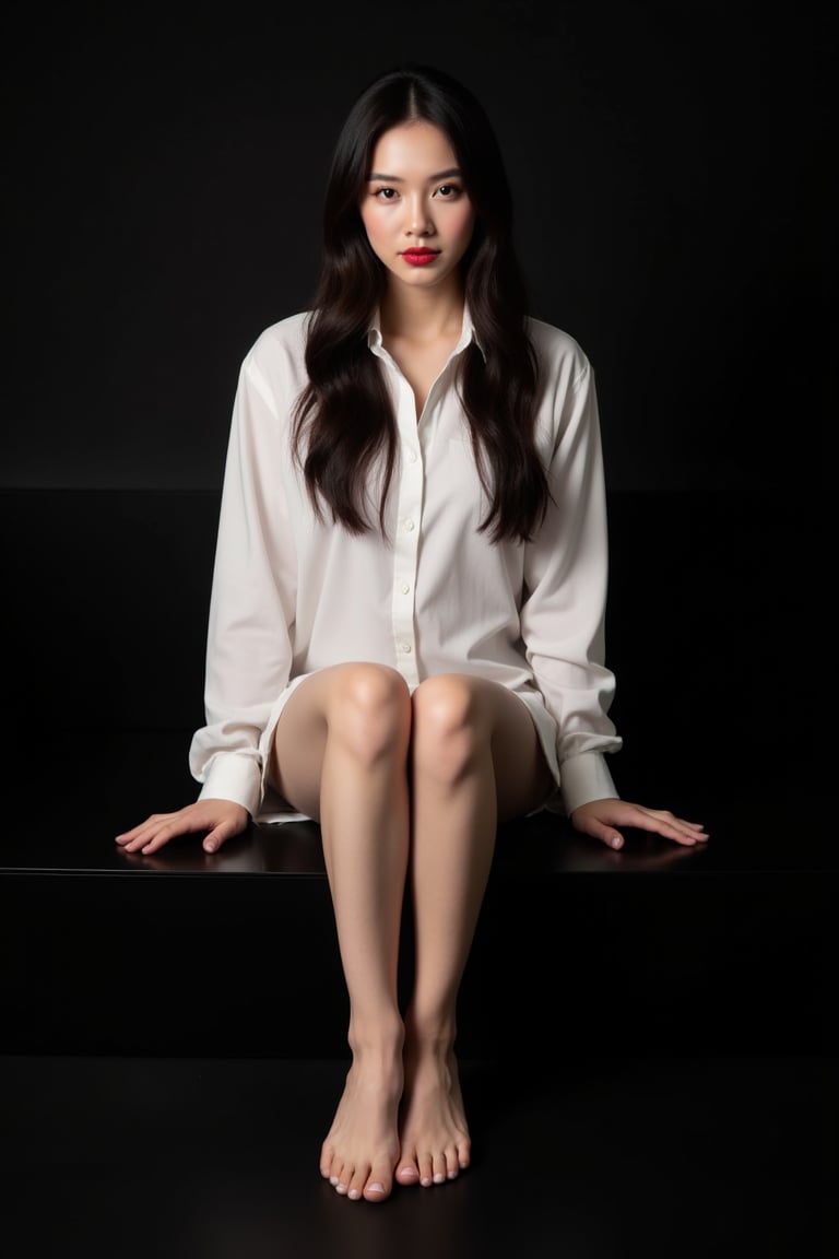 A striking image: a woman with long dark brown hair sits majestically on a sleek black surface, her legs crossed and hands resting delicately on either side of her body. Her porcelain skin is set off by the vibrant red hue of her lips, while the stark contrast between her white shirt and the all-black background creates an air of sophistication and elegance.