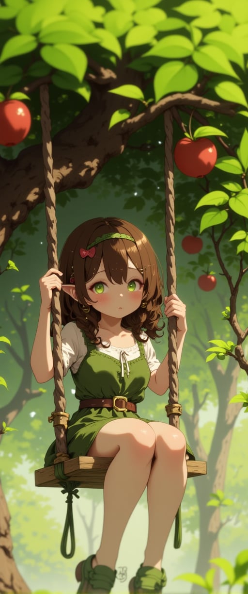 Under the sprawling canopy of a lush green tree, an adorable elf girl perches on a wooden swing suspended from its sturdy branches. Her curly brown locks are adorned with a delicate apple-shaped hairpin, adding to her whimsical charm. The soft focus and warm lighting evoke a sense of serenity as she gently sways back and forth, exuding an irresistible cuteness. Ink-like lines define the contours of her features, blending seamlessly with the natural world.,ct-physmstyle,ct-physmstyle2