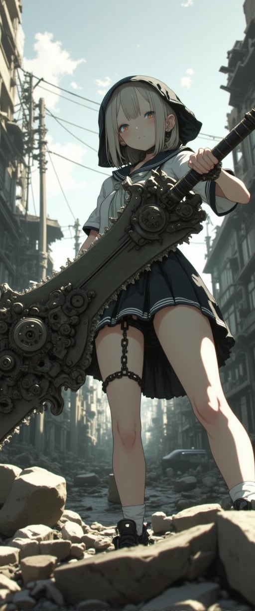 A gritty GOD EATER scene: A petite Japanese girl in a sailor school uniform miniskirt stands strong amidst the ruins of a dystopian cityscape. She brandishes an imposing, intricately detailed mechanical chainsaw-like sword with gears and rivets, its steely sheen contrasting with her fragile features. Her chained hand adds an eerie touch to her menacing aura. The desolate backdrop of dilapidated buildings, power lines, and gray skies amplifies the post-apocalyptic atmosphere. Her exquisite facial features glow amidst the ruin, as she exudes a sense of powerful danger.,ct-sensanime,ct-prettienime2,ct-anitity,ct-physmstyle2