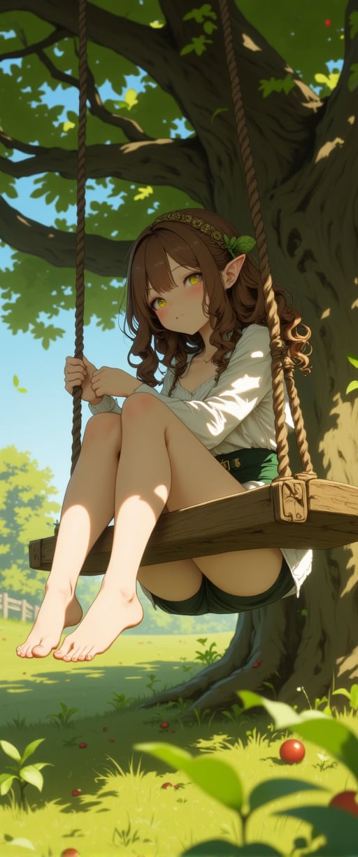 Under the sprawling canopy of a lush green tree, an adorable elf girl perches on a wooden swing suspended from its sturdy branches. Her curly brown locks are adorned with a delicate apple-shaped hairpin, adding to her whimsical charm. The soft focus and warm lighting evoke a sense of serenity as she gently sways back and forth, exuding an irresistible cuteness. Ink-like lines define the contours of her features, blending seamlessly with the natural world.,ct-physmstyle,ct-physmstyle2