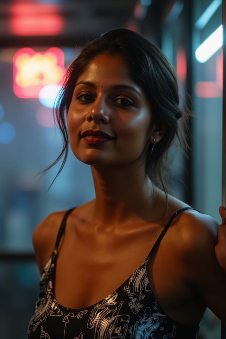 A woman posing confidently, radiant in a metallic dress with digital patterns and neon accents, against a blurred backdrop of vintage circuitry and neon lights. Soft, warm lighting highlights her features,  reflecting a digital glow. Her stylish gaze is set off by the retro-futuristic atmosphere, as if stepping out of a 1980s time capsule.,NeemoFairy,Liminal Space,Ambience Steampunk,Mallu beauty 