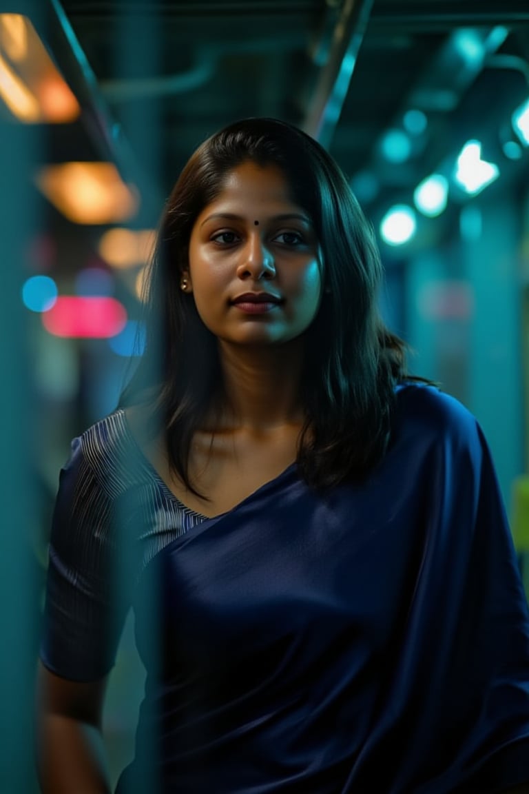 A beautiful mallu women, teal and orange colour lighting in background, futuristic subway, pipeline , wires, light indicators, intricate background, realism,realistic,raw,analog,portrait,photorealistic, taken by Canon EOS,SIGMA Art Lens 35mm F1.4,ISO 200 Shutter Speed 2000,Vivid picture,Mallu beauty, The atmosphere is fun and inviting, featuring colors like black, blue, dark blue, dark purple, gray, light green, purple, and orange. Neon lights in pink, blue, and green illuminate the space, creating a bokeh and Depth of Fieldeffect. The focus is on the girl from the torso to the head, captured in a cinematic style with a Sony A7R IV full-frame camera,Mallu beauty,futuristicportrait,Mallu beauty 