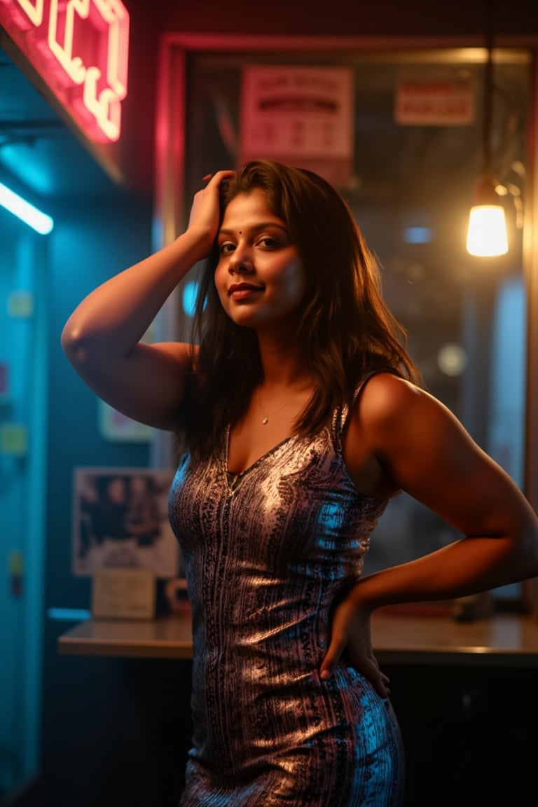 A woman posing confidently, radiant in a metallic dress with digital patterns and neon accents, against a blurred backdrop of vintage circuitry and neon lights. Soft, warm lighting highlights her features,  reflecting a digital glow. Her stylish gaze is set off by the retro-futuristic atmosphere, as if stepping out of a 1980s time capsule.,NeemoFairy,Liminal Space,Ambience Steampunk,Mallu beauty 