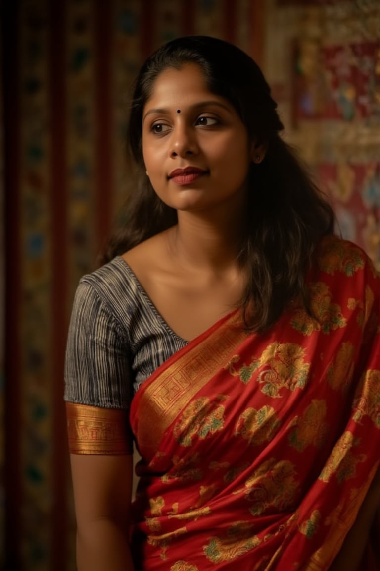 A beautiful mallu women, intricate background, realism,realistic,raw,analog,portrait,photorealistic, taken by Canon EOS,SIGMA Art Lens 35mm F1.4,ISO 200 Shutter Speed 2000,Vivid picture,Mallu beauty 