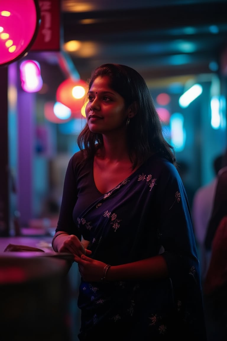 A beautiful mallu women, intricate background, realism,realistic,raw,analog,portrait,photorealistic, taken by Canon EOS,SIGMA Art Lens 35mm F1.4,ISO 200 Shutter Speed 2000,Vivid picture,Mallu beauty, The atmosphere is fun and inviting, featuring colors like black, blue, dark blue, dark purple, gray, light green, purple, and orange. Neon lights in pink, blue, and green illuminate the space, creating a bokeh and Depth of Fieldeffect. The focus is on the girl from the torso to the head, captured in a cinematic style with a Sony A7R IV full-frame camera