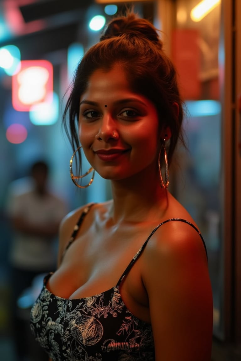 A woman posing confidently, radiant in a metallic dress with digital patterns and neon accents, against a blurred backdrop of vintage circuitry and neon lights. Soft, warm lighting highlights her features,  reflecting a digital glow. Her stylish gaze is set off by the retro-futuristic atmosphere, as if stepping out of a 1980s time capsule.,NeemoFairy,Liminal Space,Ambience Steampunk,Mallu beauty 