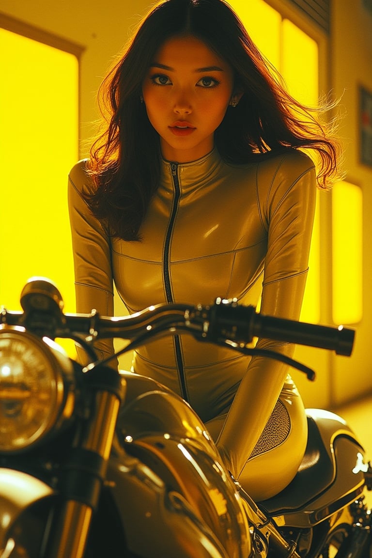 A girl with yellow and black color scheme, rendered in Hajime Sorayama's hyper-realistic style, sits confidently on a sleek, futuristic motorbike. Her wavy hair flows in the wind, and she wears a form-fitting, metallic outfit that accentuates her curves, with intricate cybernetic enhancements visible on her limbs. Her expression is calm, with a subtle, inviting smile. The lighting is dramatic, casting sharp shadows and highlighting her smooth, metallic skin. The composition frames her from mid-torso to above her head, capturing her pose and the detailed textures of the motorbike. The background is a high-contrast, neon-lit environment, reminiscent of Sorayama's iconic sci-fi aesthetic.