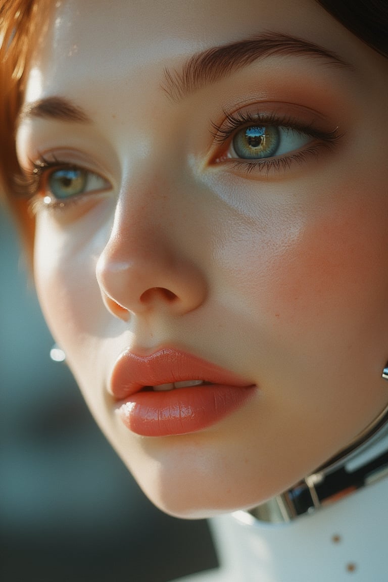 A close-up portrait of a woman's face, rendered in Hajime Sorayama's signature hyper-realistic style. Her expression is serene, with a subtle, inviting smile. The skin is flawlessly smooth, with a metallic sheen, and her eyes are large and luminous, reflecting a soft, ambient glow. The lighting is soft and diffused, highlighting the contours of her face and the delicate features of her lips and cheeks. The composition is centered, focusing intently on her expression and the intricate details of her cybernetic enhancements.